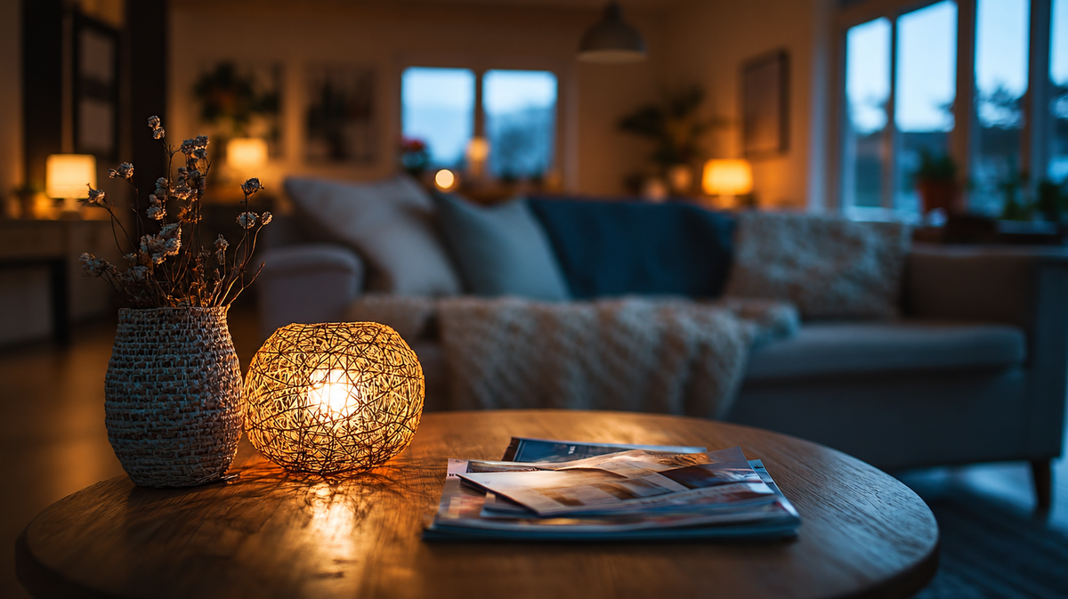 A warm table lamp glowing in a cosy living room at dusk