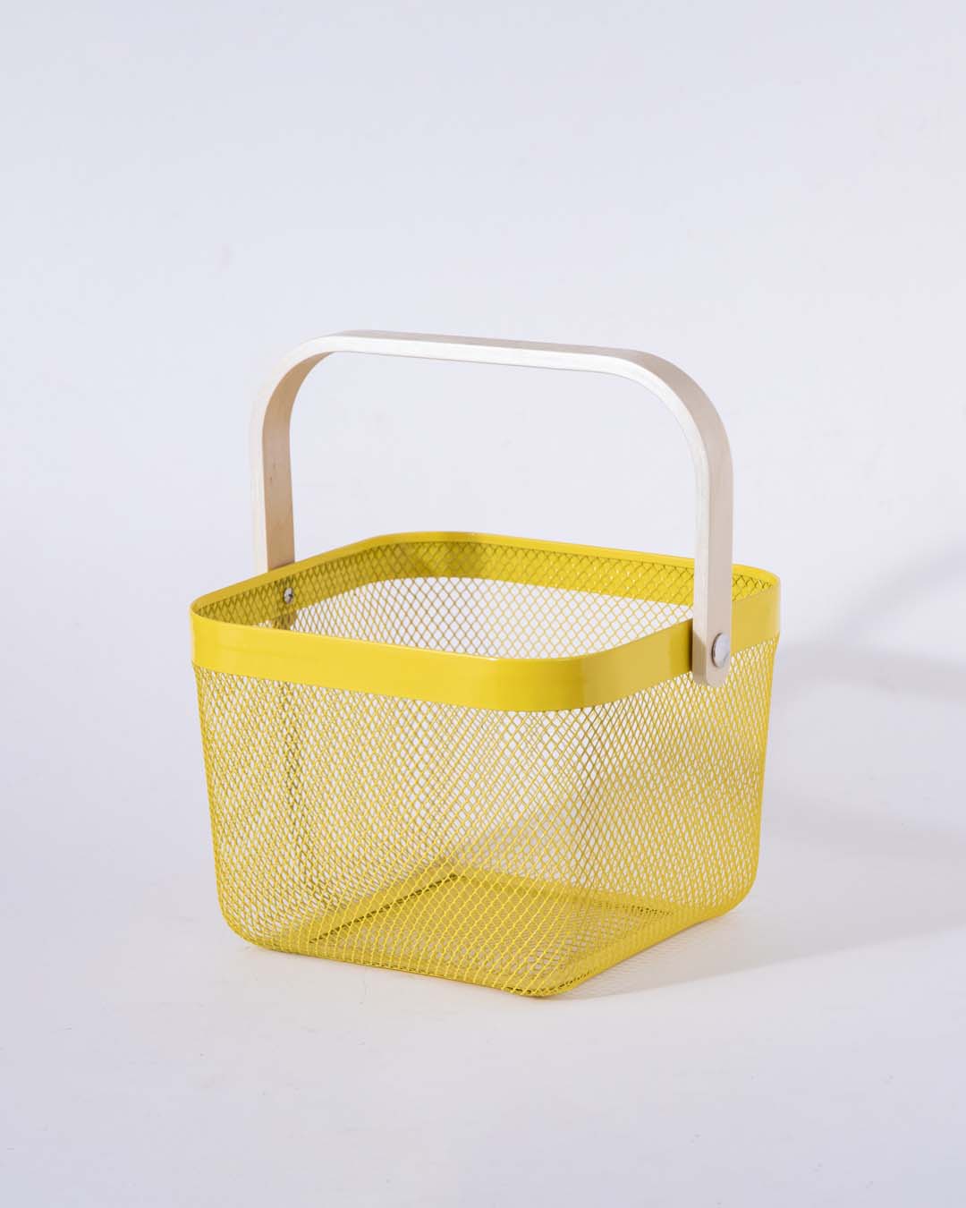 Yellow Metal Storage Baskets with Wooden Handles, Set of 2