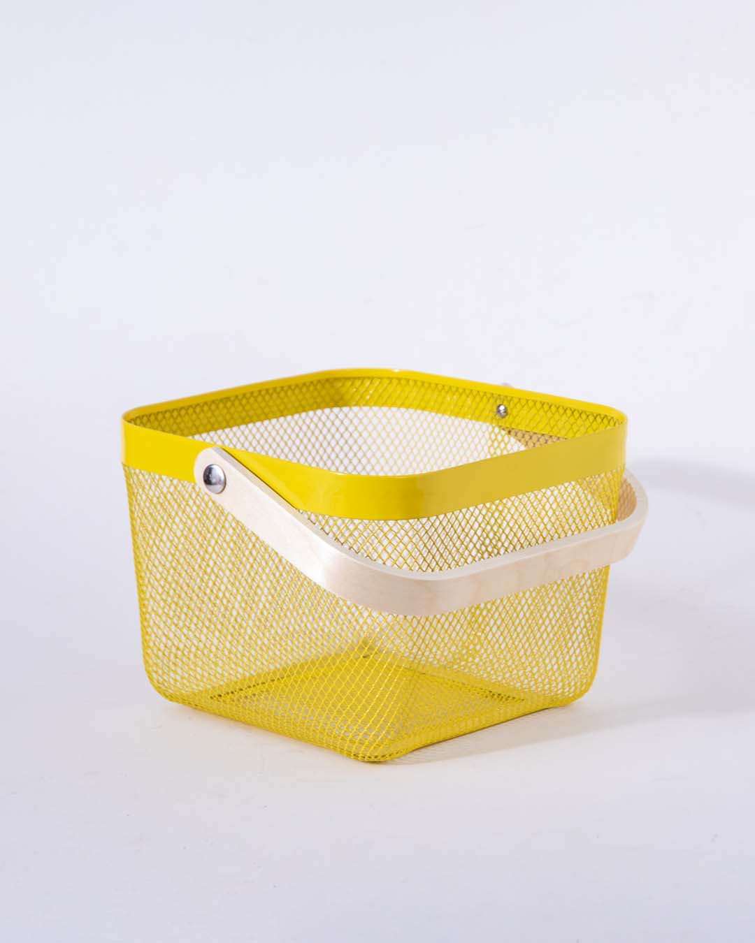 Yellow Metal Storage Baskets with Wooden Handles, Set of 2