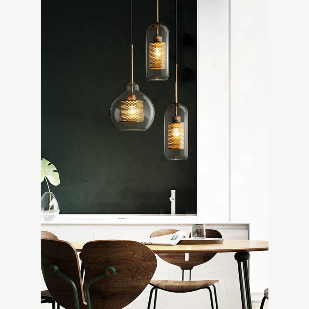 Glass and Perforated Metal Pendant Light, Industrial Style - view 12