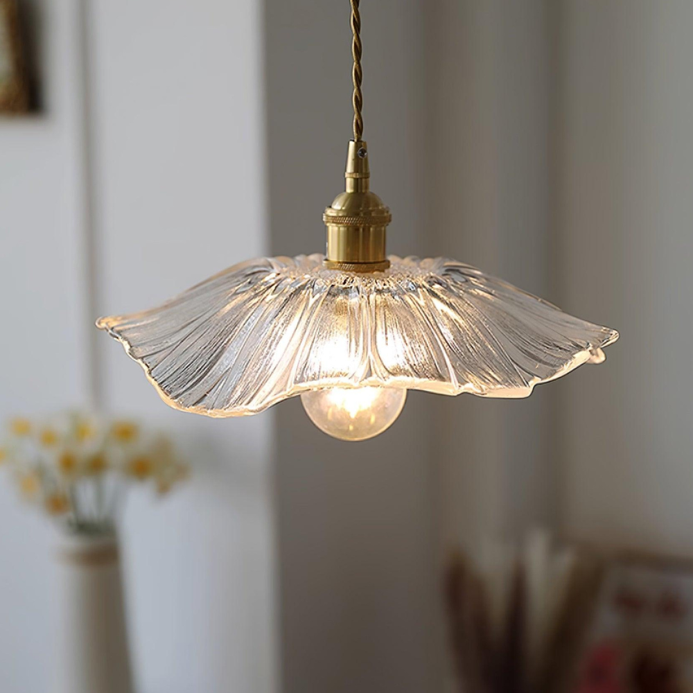 Ribbed Glass Flower Pendant Light with Copper Fittings - view 3