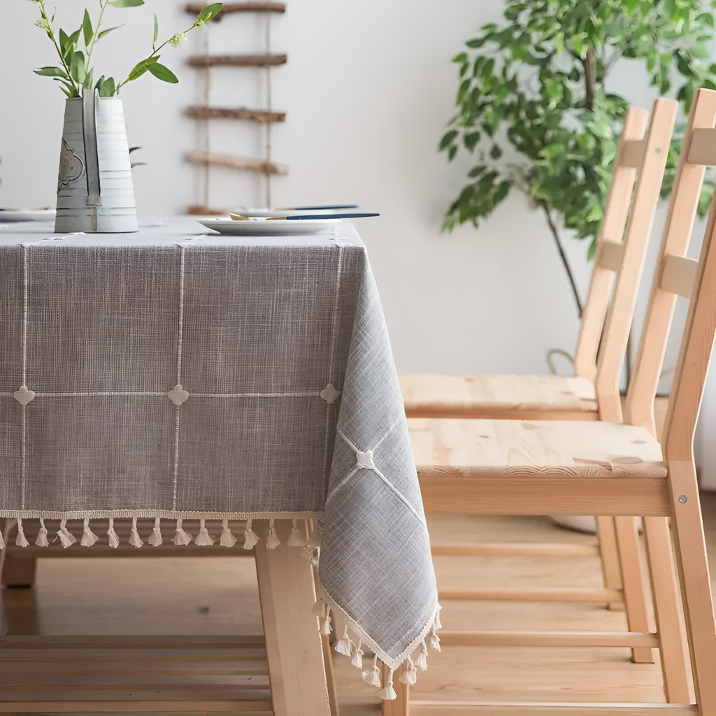 Grey Checked Cotton Linen Tassel Tablecloth – image 2