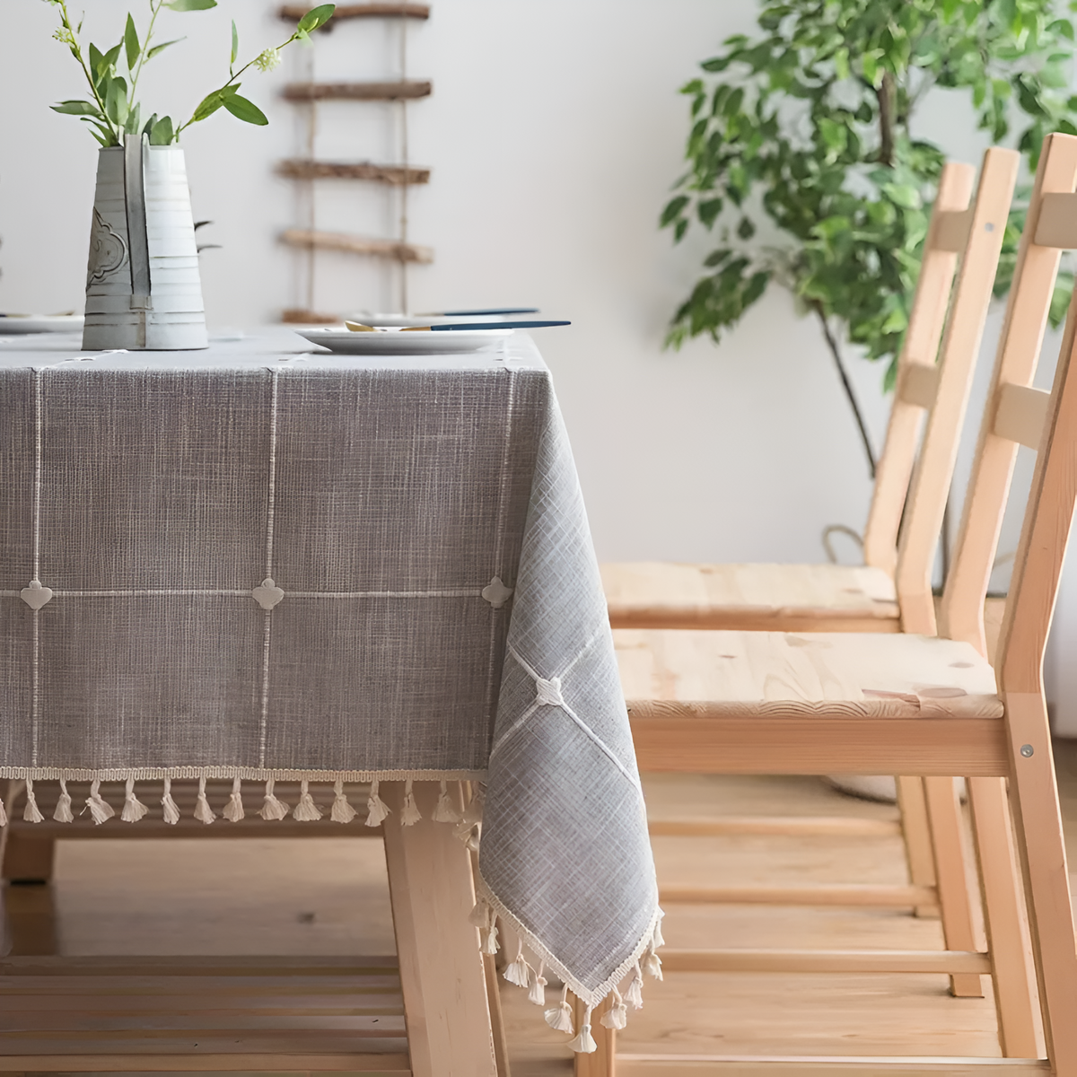 Grey Checked Cotton Linen Tassel Tablecloth – image 2