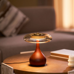 Amber Glass Mushroom Table Lamp with Walnut Base, UK Plug - view 3