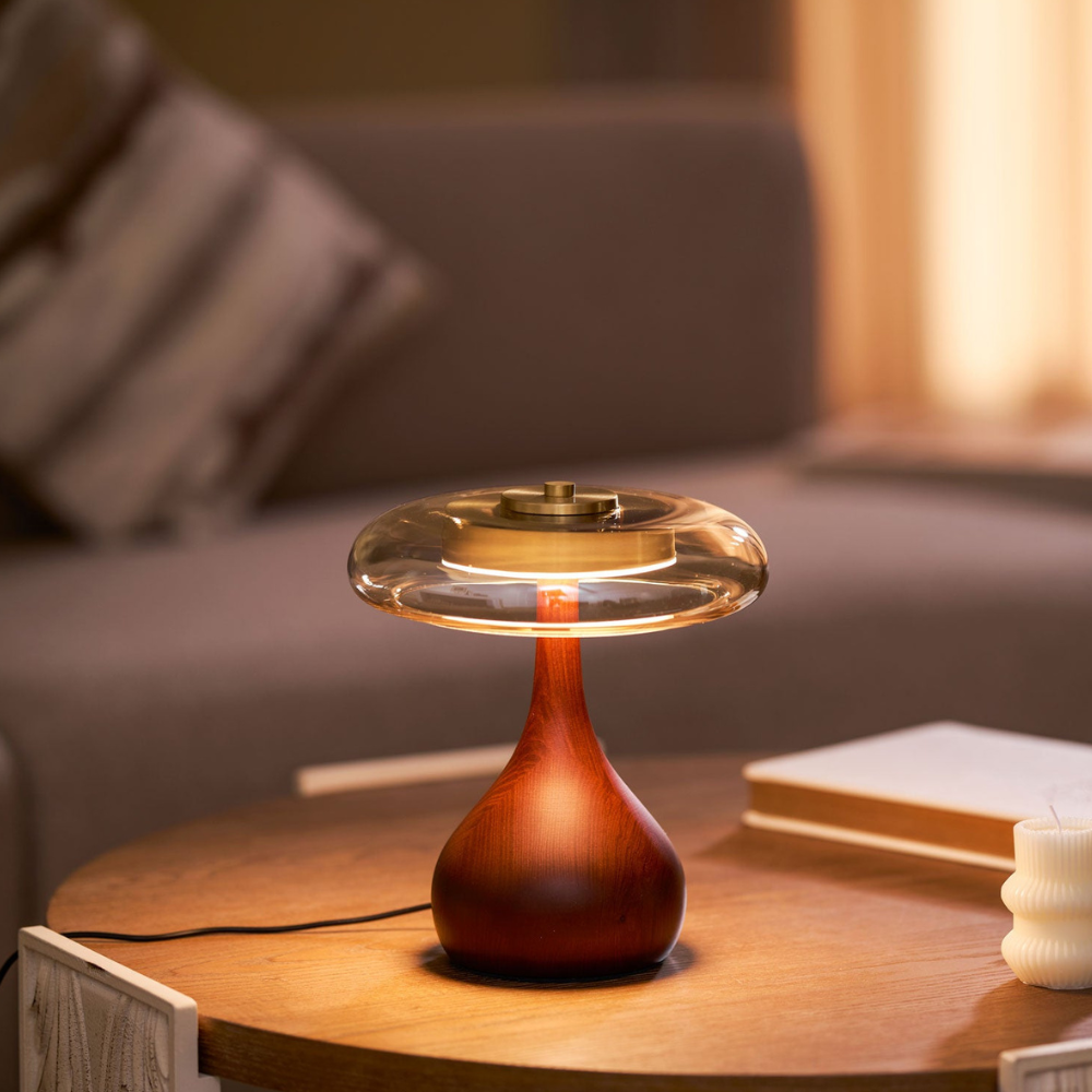 Amber Glass Mushroom Table Lamp with Walnut Base, UK Plug - view 3
