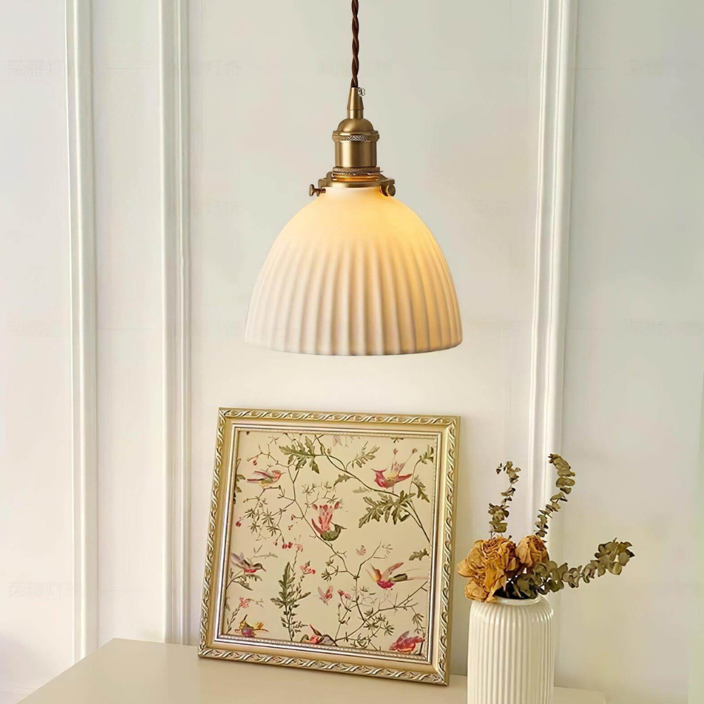 White Ribbed Ceramic Dome Pendant Light - view 10