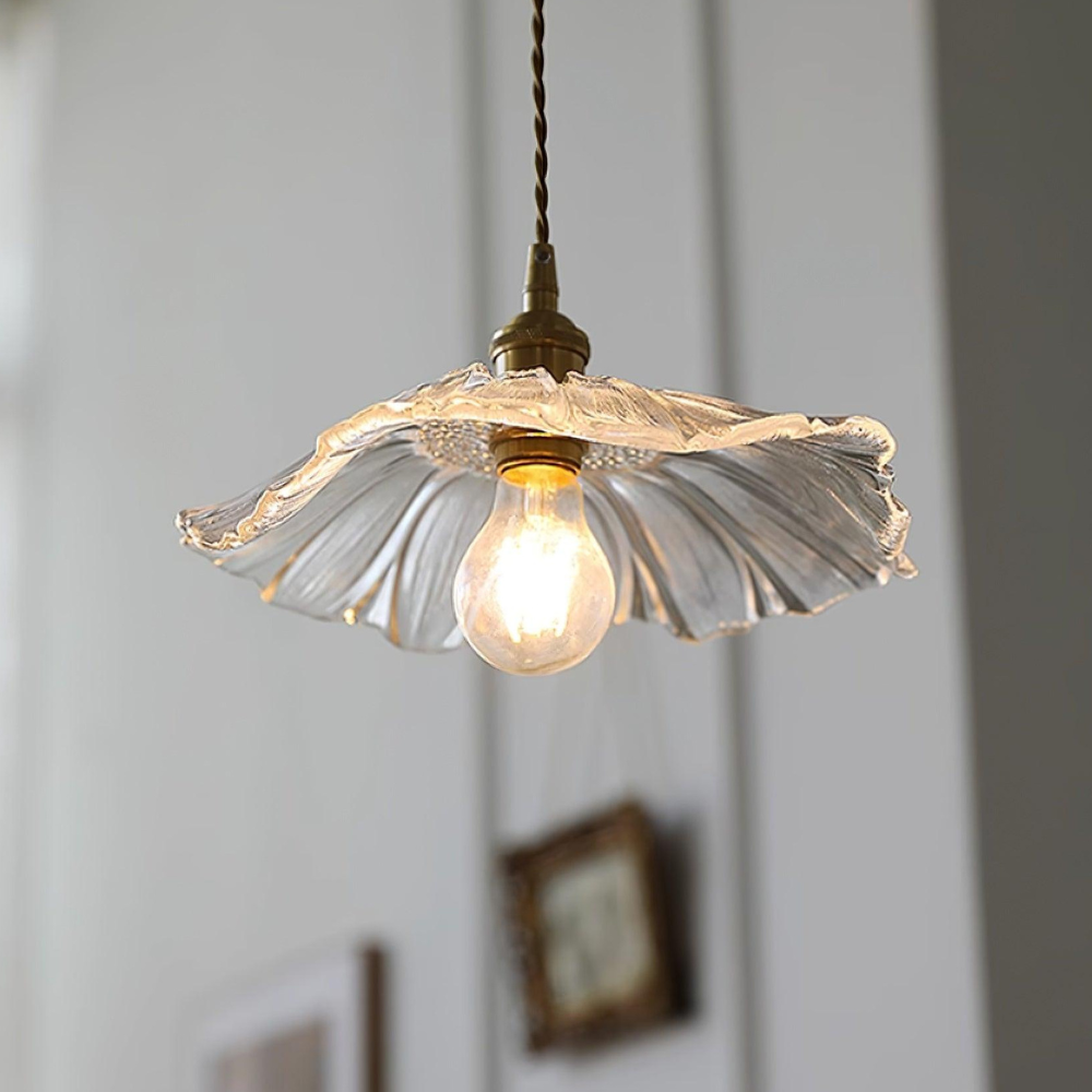 Ribbed Glass Flower Pendant Light with Copper Fittings - view 6