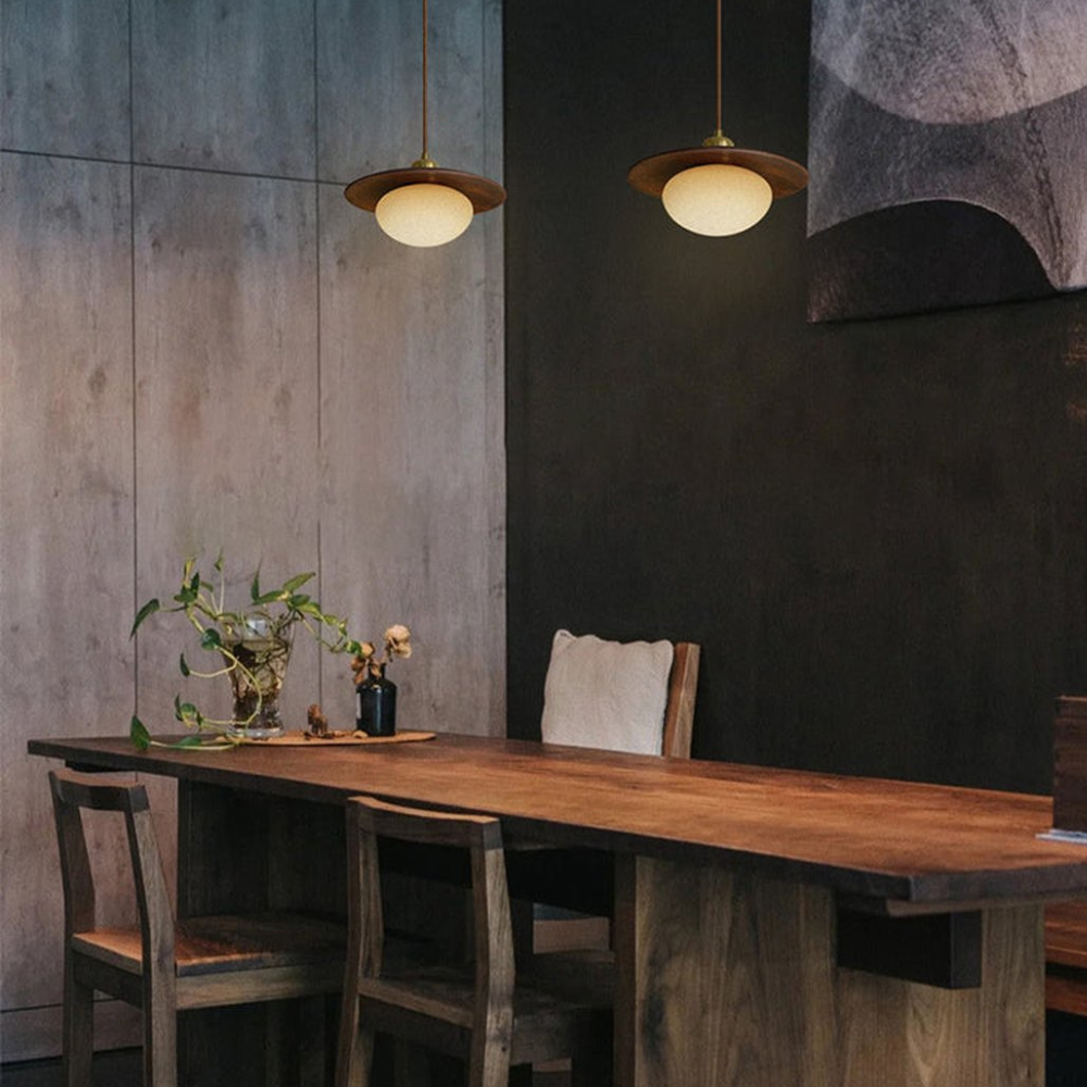 Frosted Pebble Glass Pendant Light with Oak or Walnut Disc - view 4
