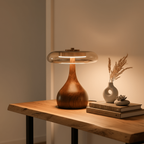 Amber Glass Mushroom Table Lamp with Walnut Base, UK Plug - view 5