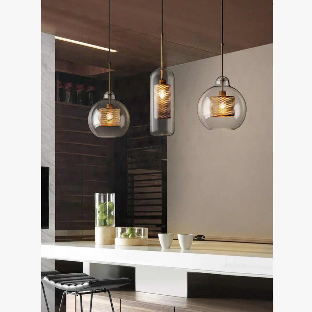 Glass and Perforated Metal Pendant Light, Industrial Style - view 15