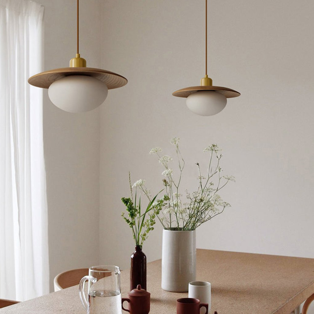 Frosted Pebble Glass Pendant Light with Oak or Walnut Disc - view 3