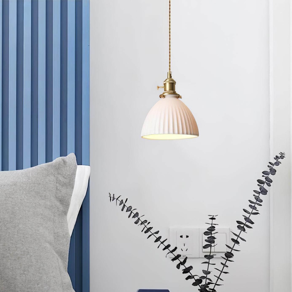 White Ribbed Ceramic Dome Pendant Light - view 8