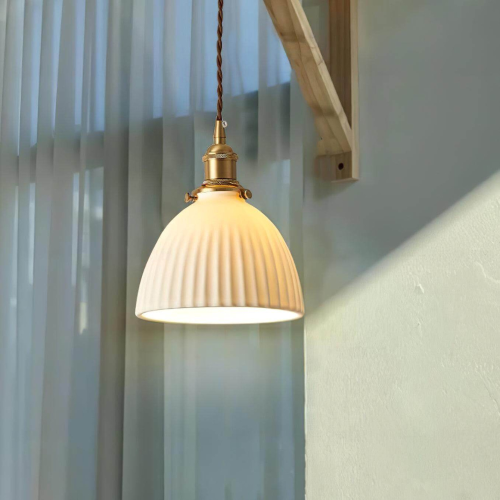 White Ribbed Ceramic Dome Pendant Light - view 3