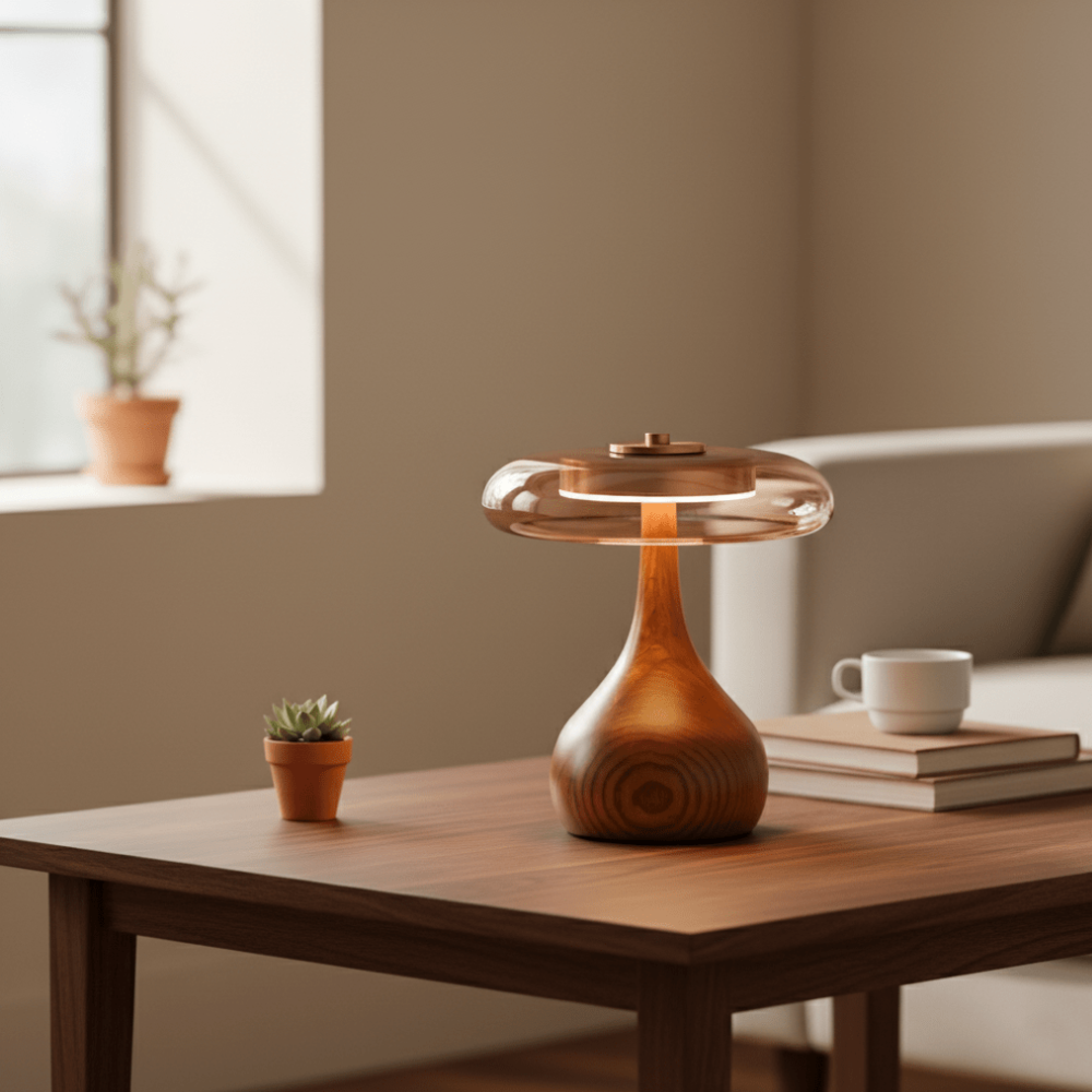 Amber Glass Mushroom Table Lamp with Walnut Base, UK Plug - view 8