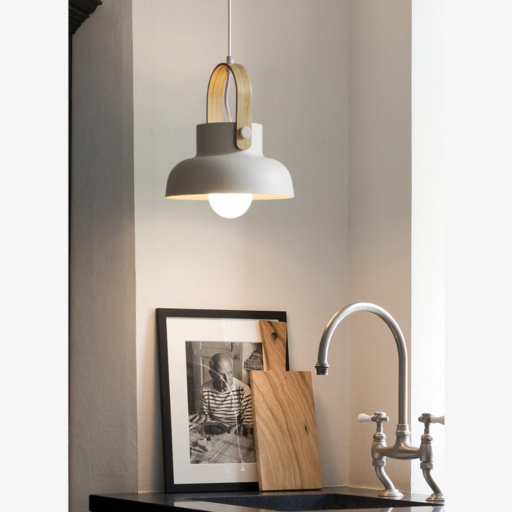 Tapered Metal Pendant Light with Wood-Look Detail - view 14