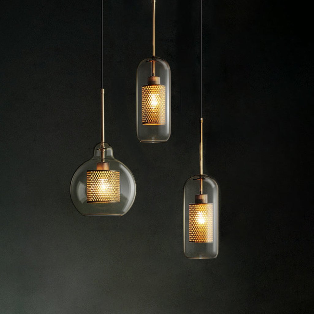 Glass and Perforated Metal Pendant Light, Industrial Style - view 17