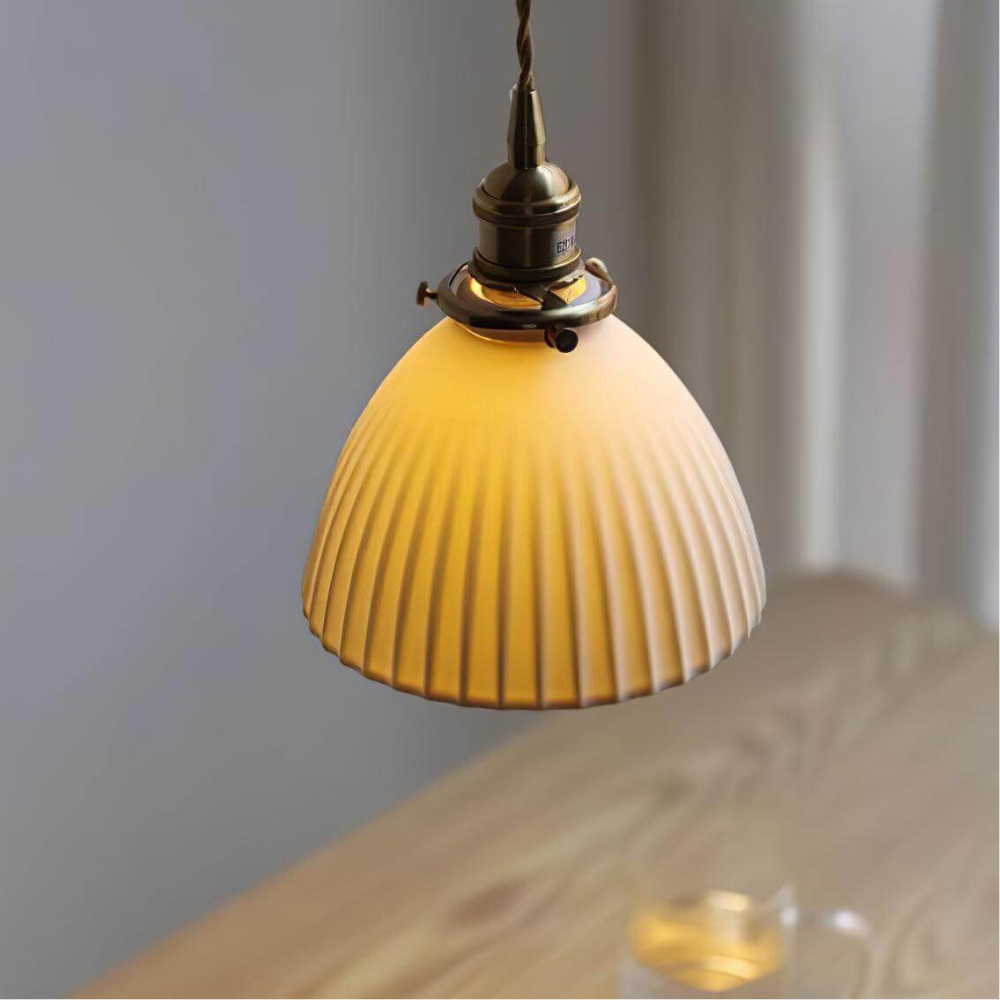 White Ribbed Ceramic Dome Pendant Light - view 7