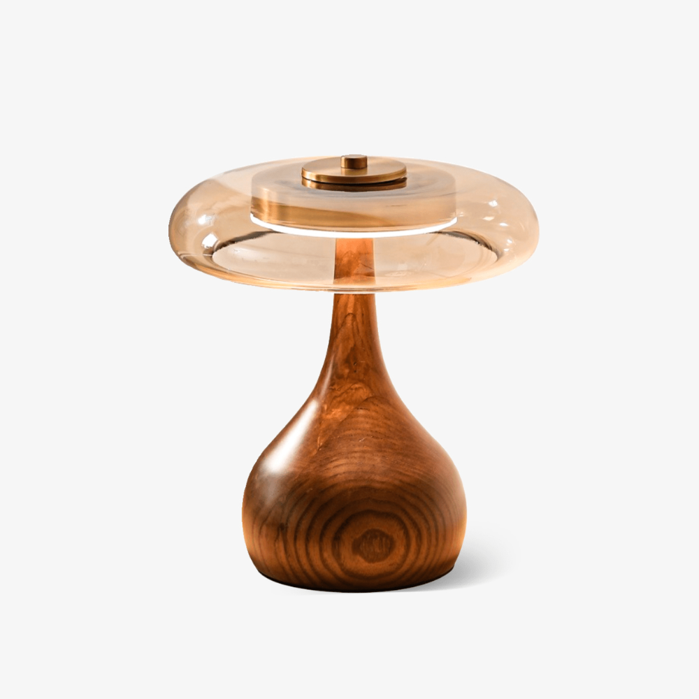 Amber Glass Mushroom Table Lamp with Walnut Base, UK Plug - view 15