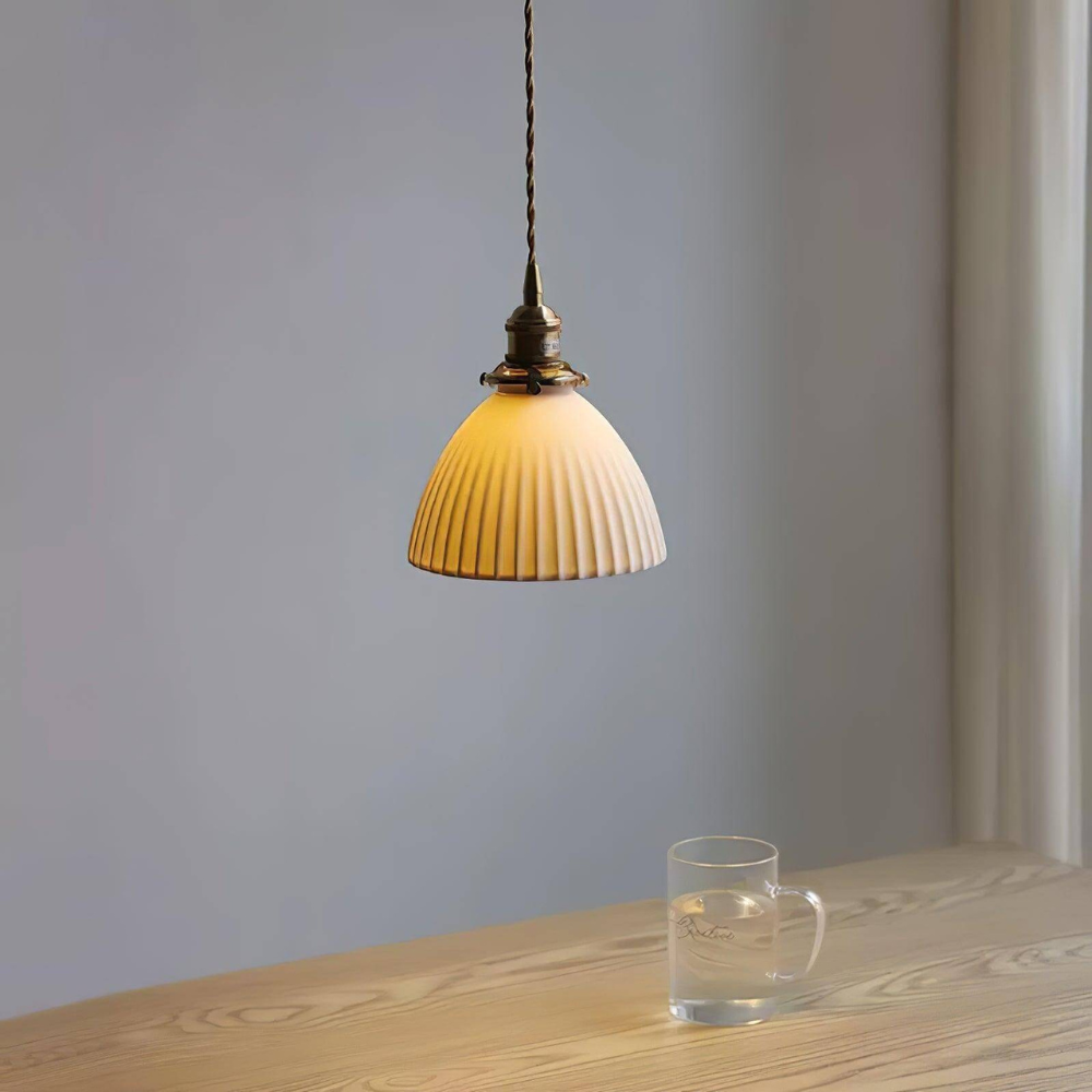 White Ribbed Ceramic Dome Pendant Light - view 6