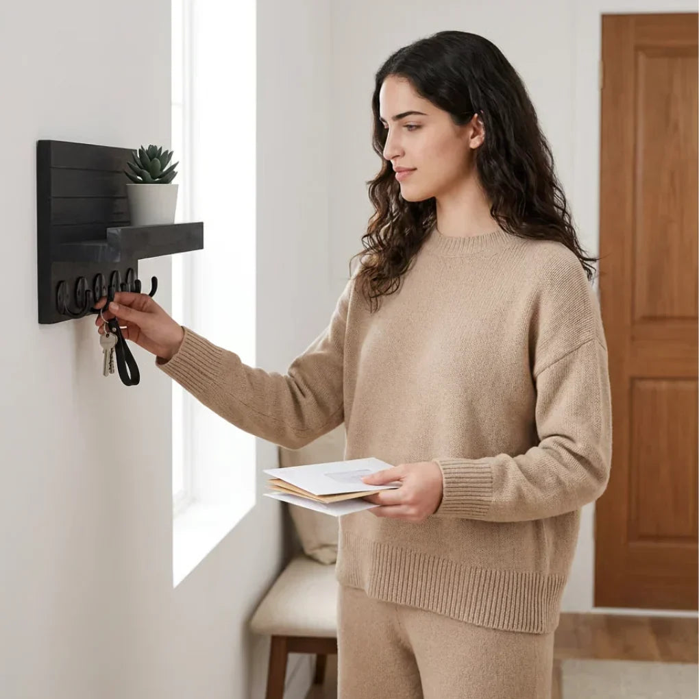 Wooden Wall Key and Mail Holder with Shelf, Black — product view 2