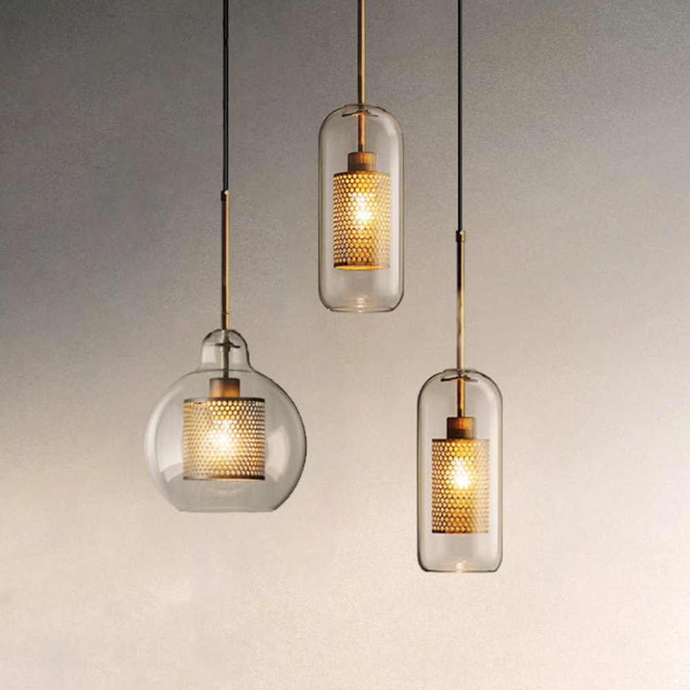 Glass and Perforated Metal Pendant Light, Industrial Style - view 18