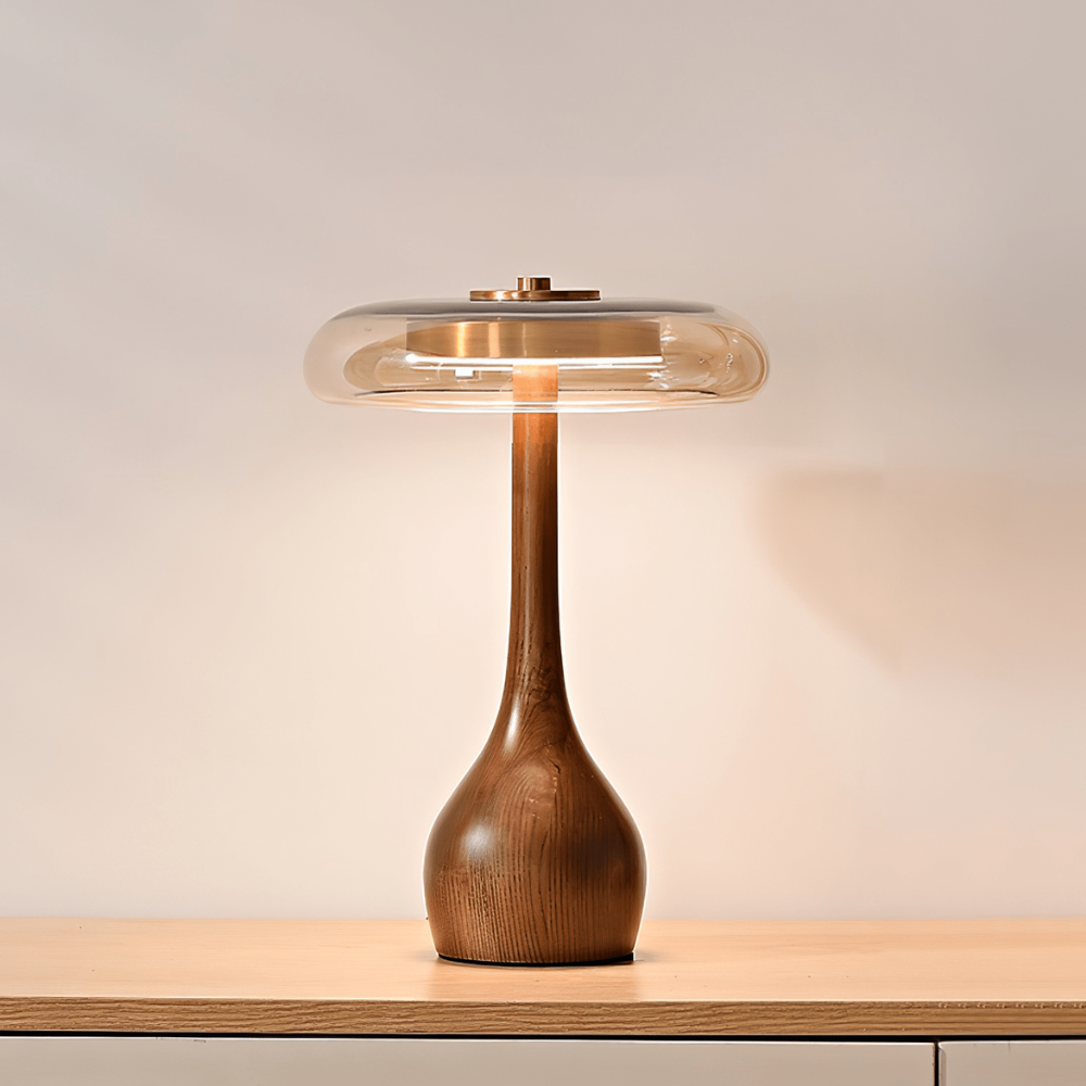 Amber Glass Mushroom Table Lamp with Walnut Base, UK Plug - view 14