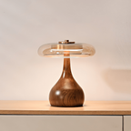 Amber Glass Mushroom Table Lamp with Walnut Base, UK Plug - view 13