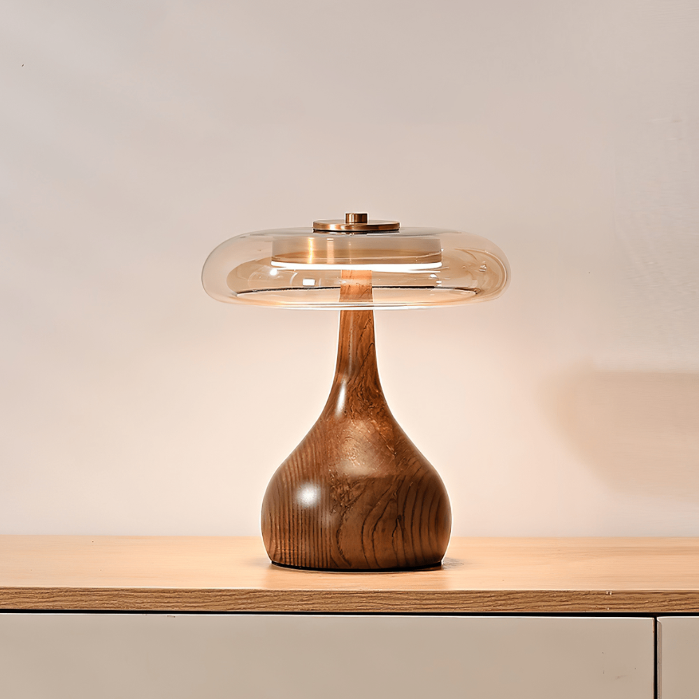 Amber Glass Mushroom Table Lamp with Walnut Base, UK Plug - view 13