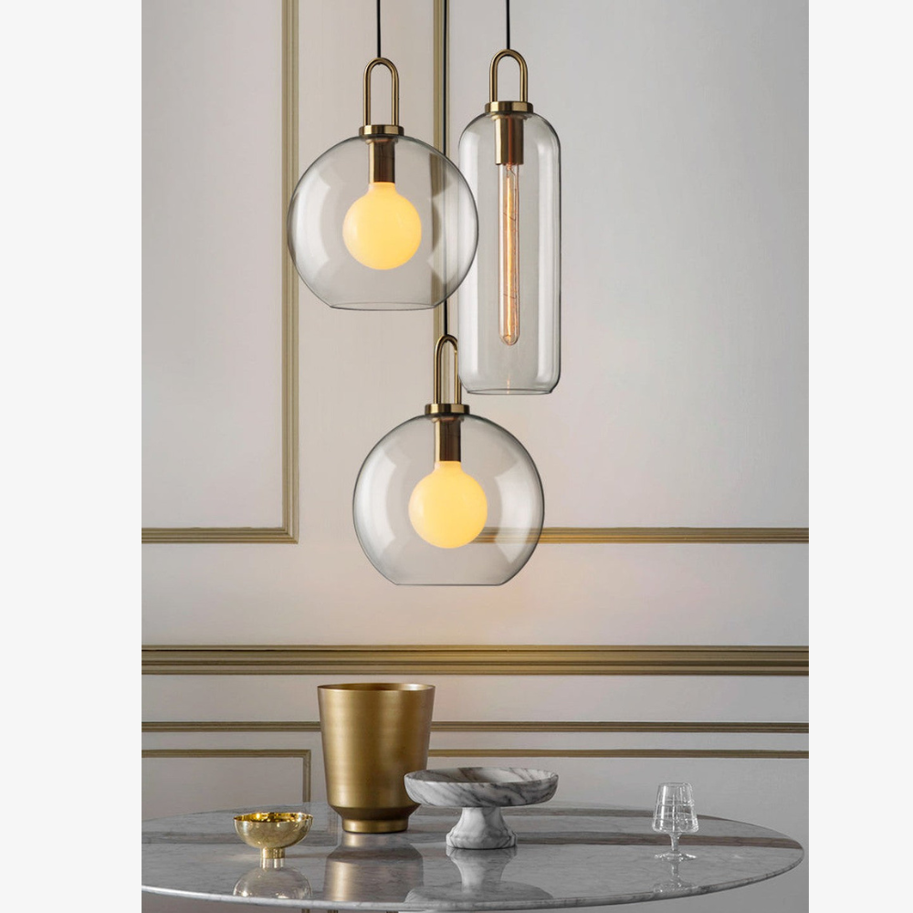 Glass Globe or Capsule Pendant Light with Brass Arch - view 13