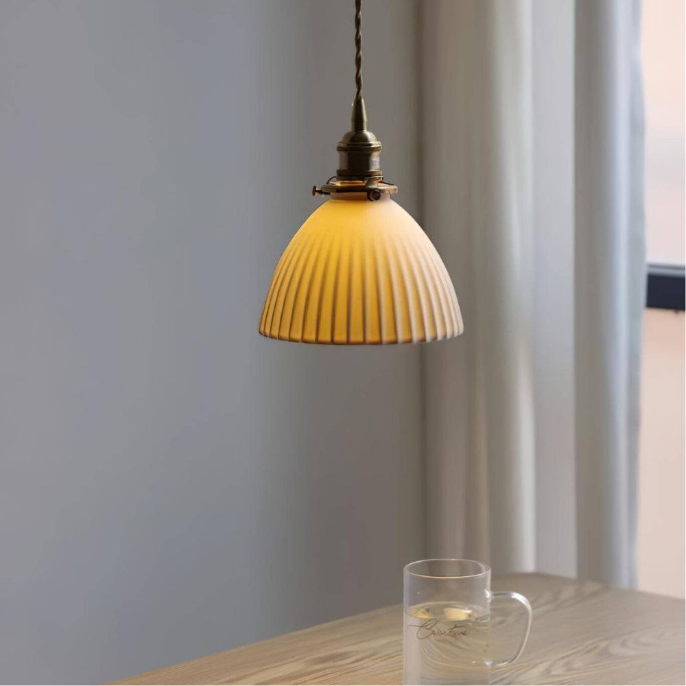 White Ribbed Ceramic Dome Pendant Light - view 1