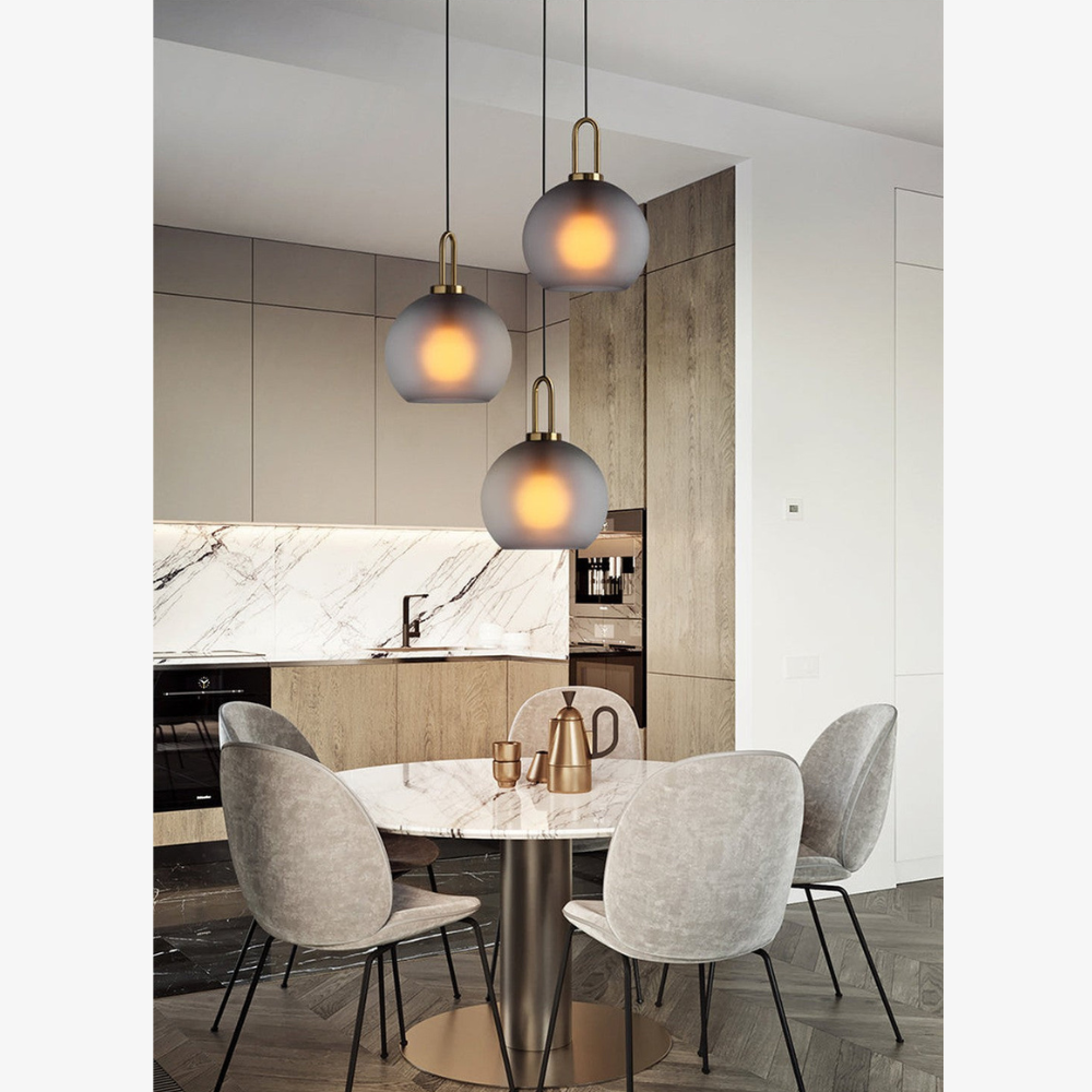 Glass Globe or Capsule Pendant Light with Brass Arch - view 4