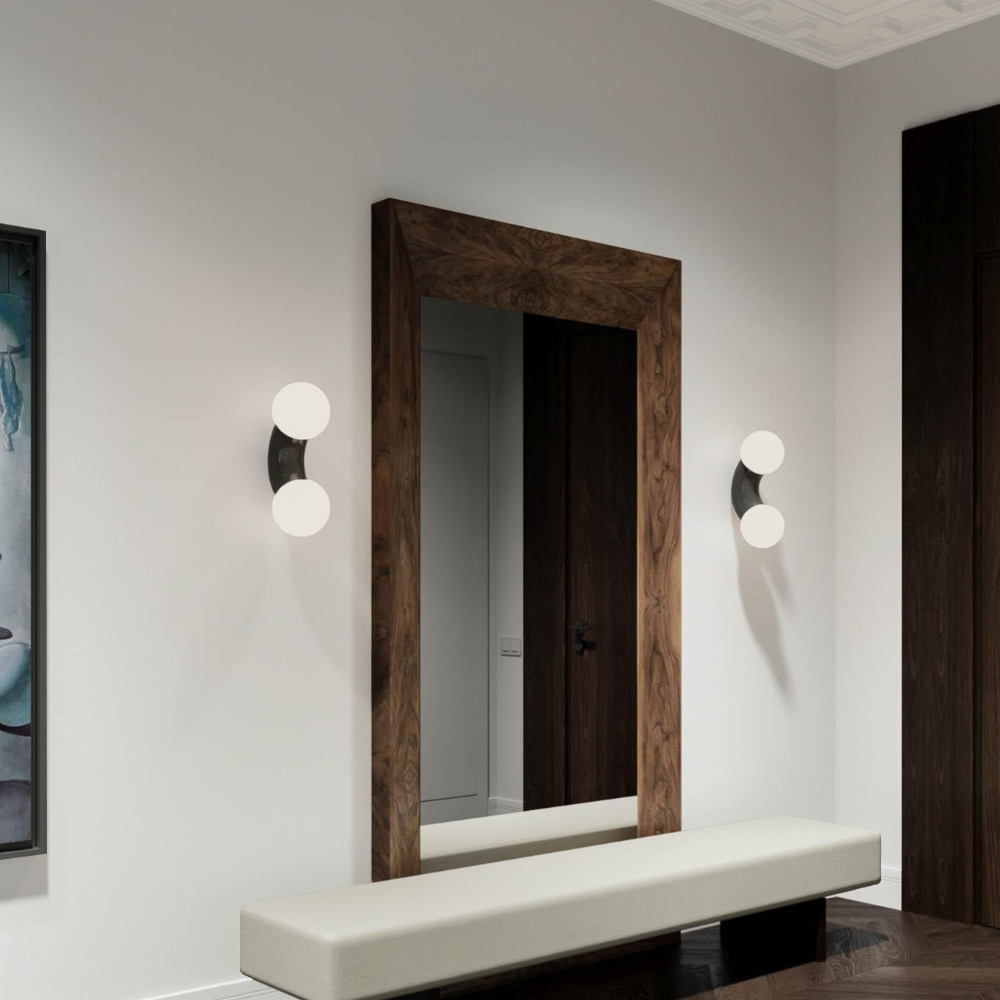 Double Globe Wall Sconce with Curved Metal Arm - view 7