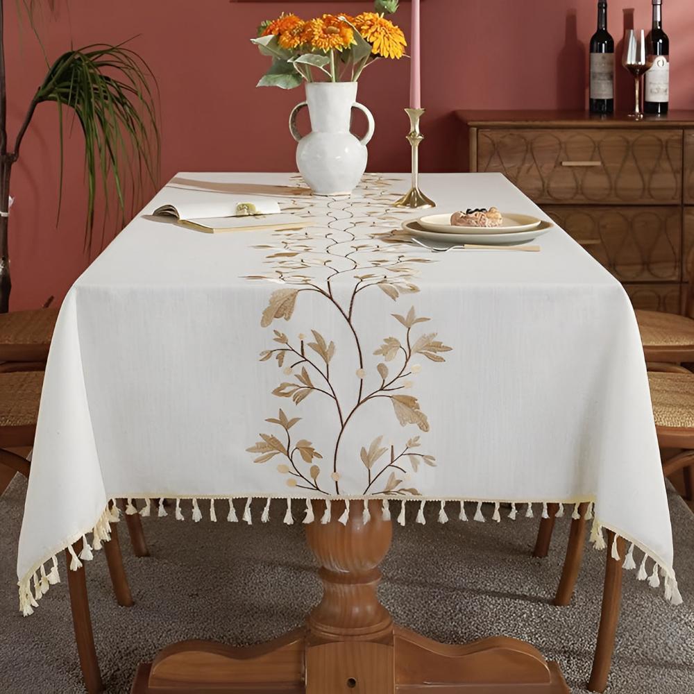 Floral Embroidered Cotton Linen Tassel Tablecloth – image 1