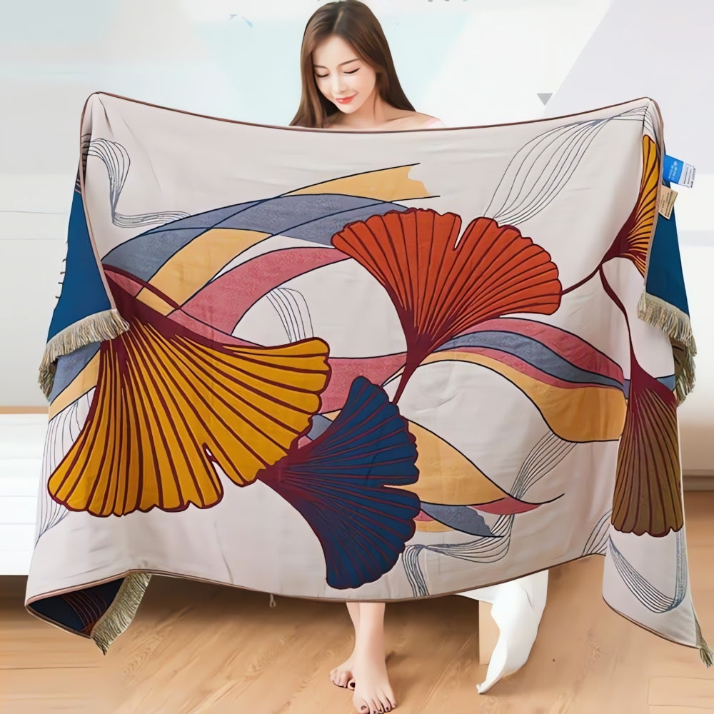 Ginkgo Leaf Cotton Towel with Tassels – image 1