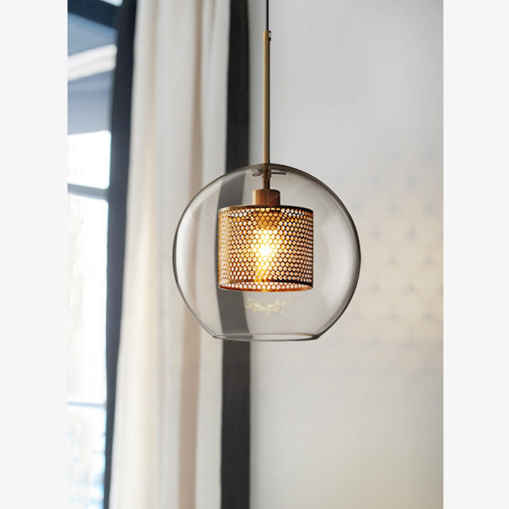 Glass and Perforated Metal Pendant Light, Industrial Style - view 4