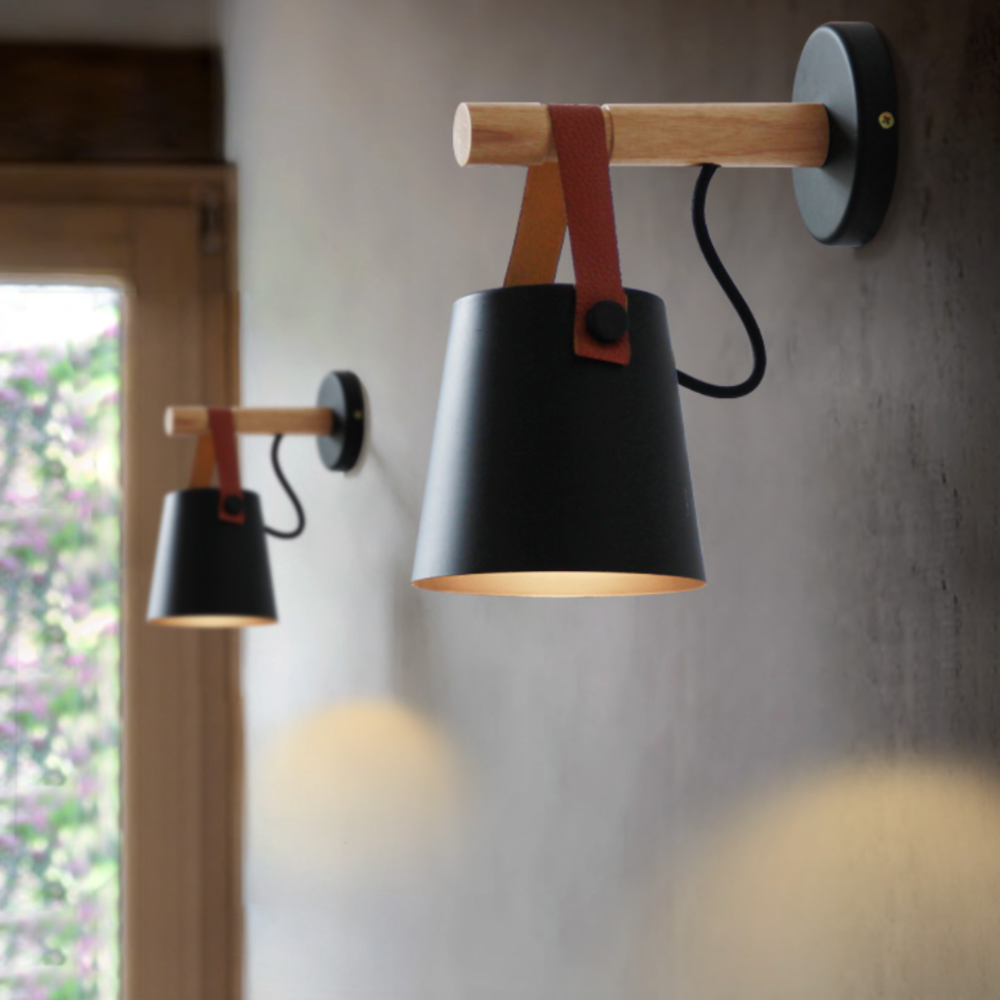 Wood-Arm Wall Sconce with Leather Strap and Cone Shade - view 7