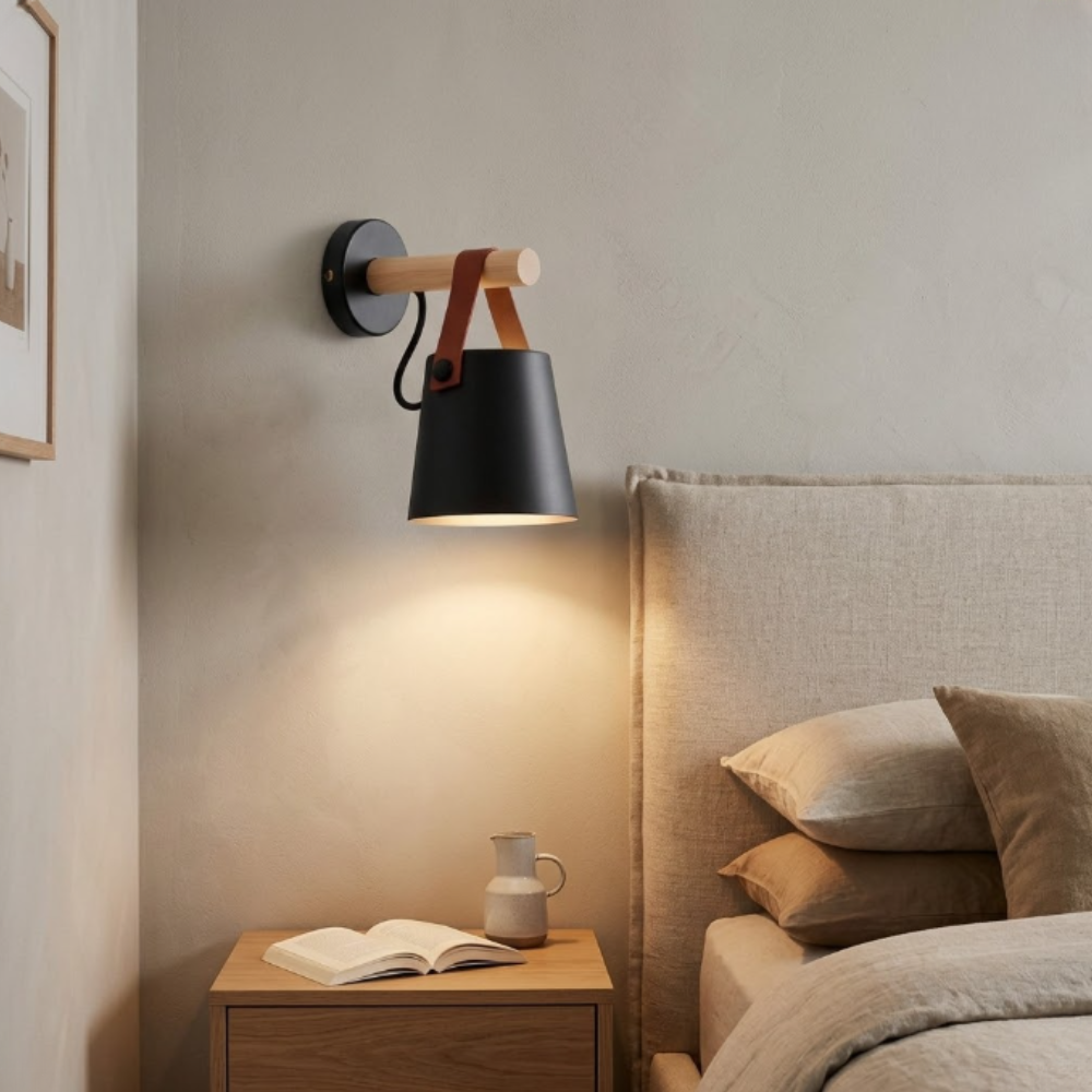 Wood-Arm Wall Sconce with Leather Strap and Cone Shade - view 4