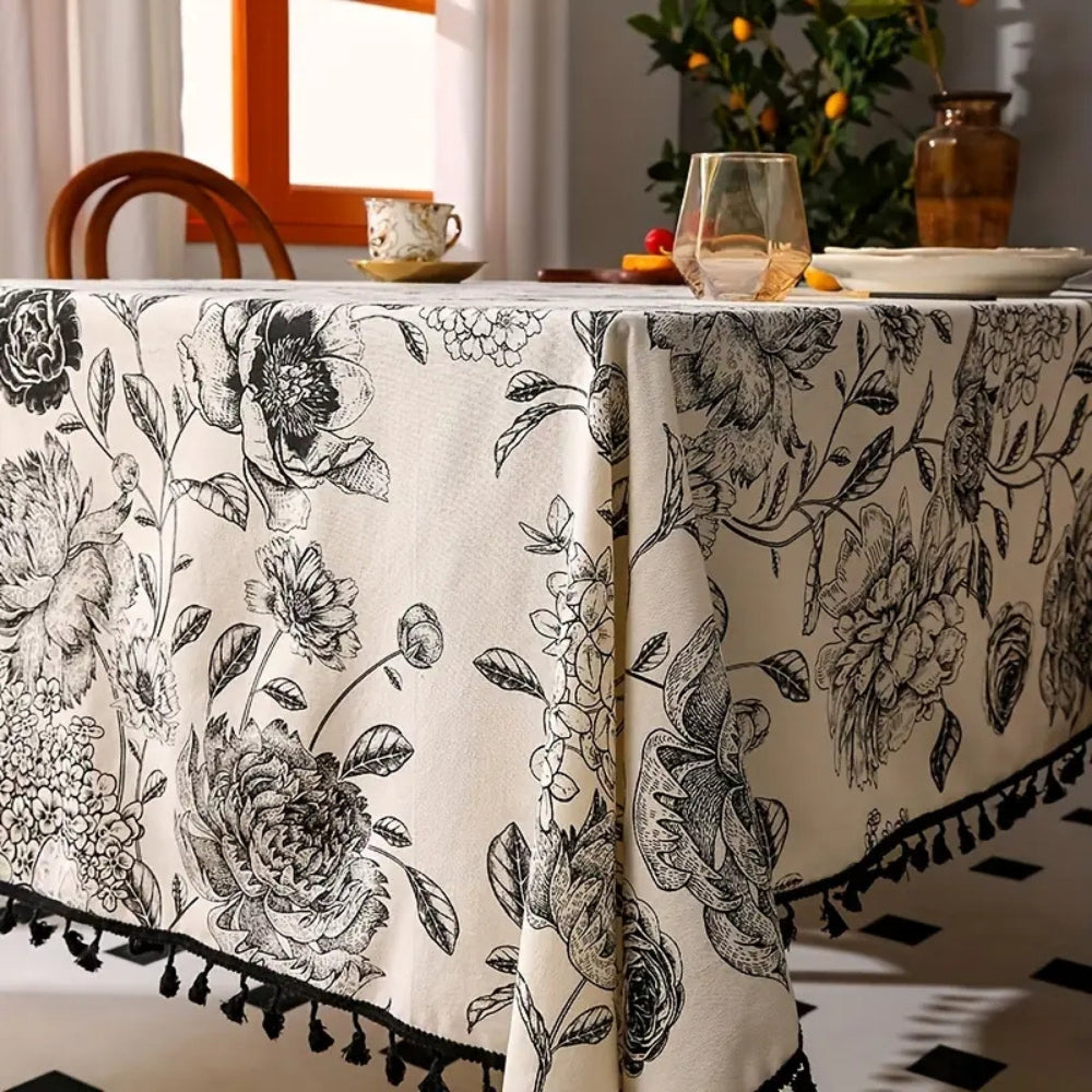 Black Floral Cotton Blend Tassel Tablecloth – image 1