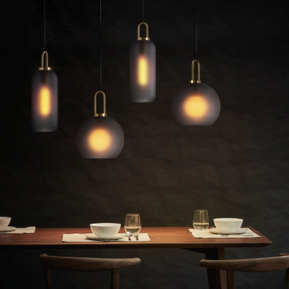 Glass Globe or Capsule Pendant Light with Brass Arch - view 11
