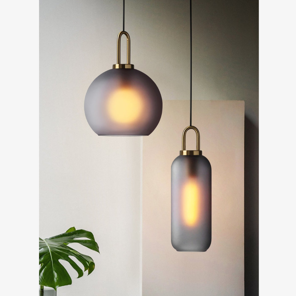 Glass Globe or Capsule Pendant Light with Brass Arch - view 8