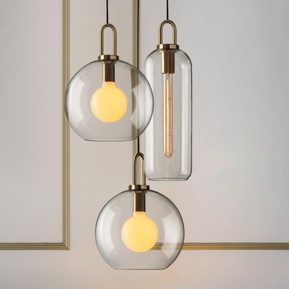 Glass Globe or Capsule Pendant Light with Brass Arch - view 5