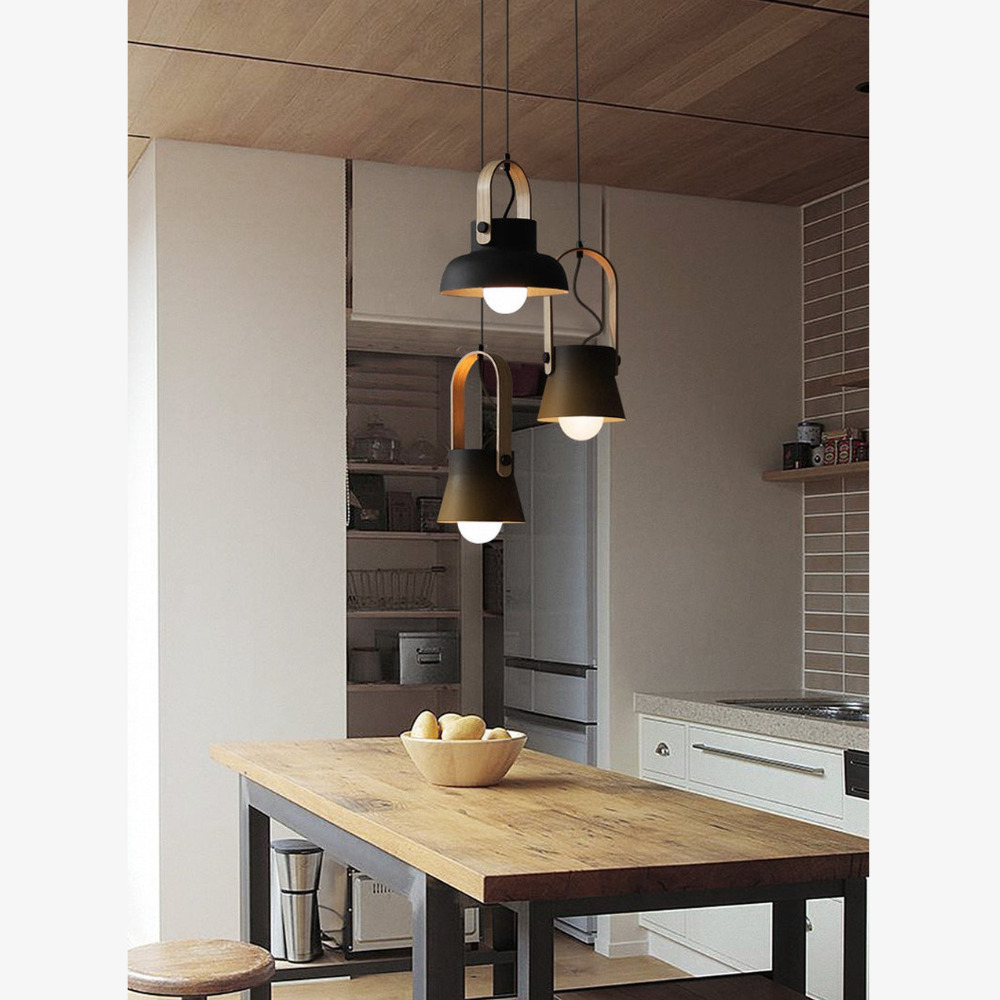 Tapered Metal Pendant Light with Wood-Look Detail - view 3