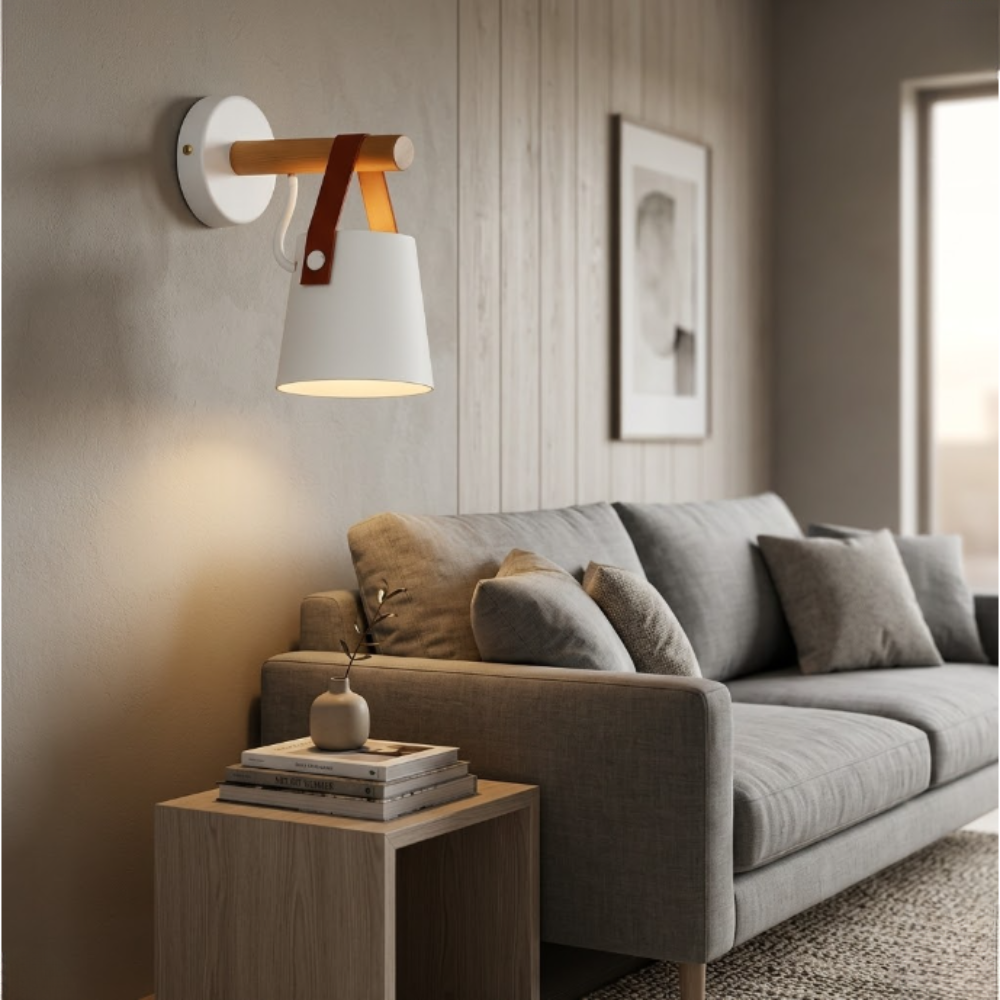 Wood-Arm Wall Sconce with Leather Strap and Cone Shade - view 3