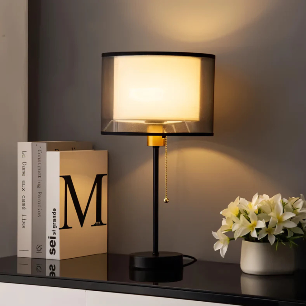 Double Fabric Shade Table Lamp with Metal Base, UK Plug - view 6