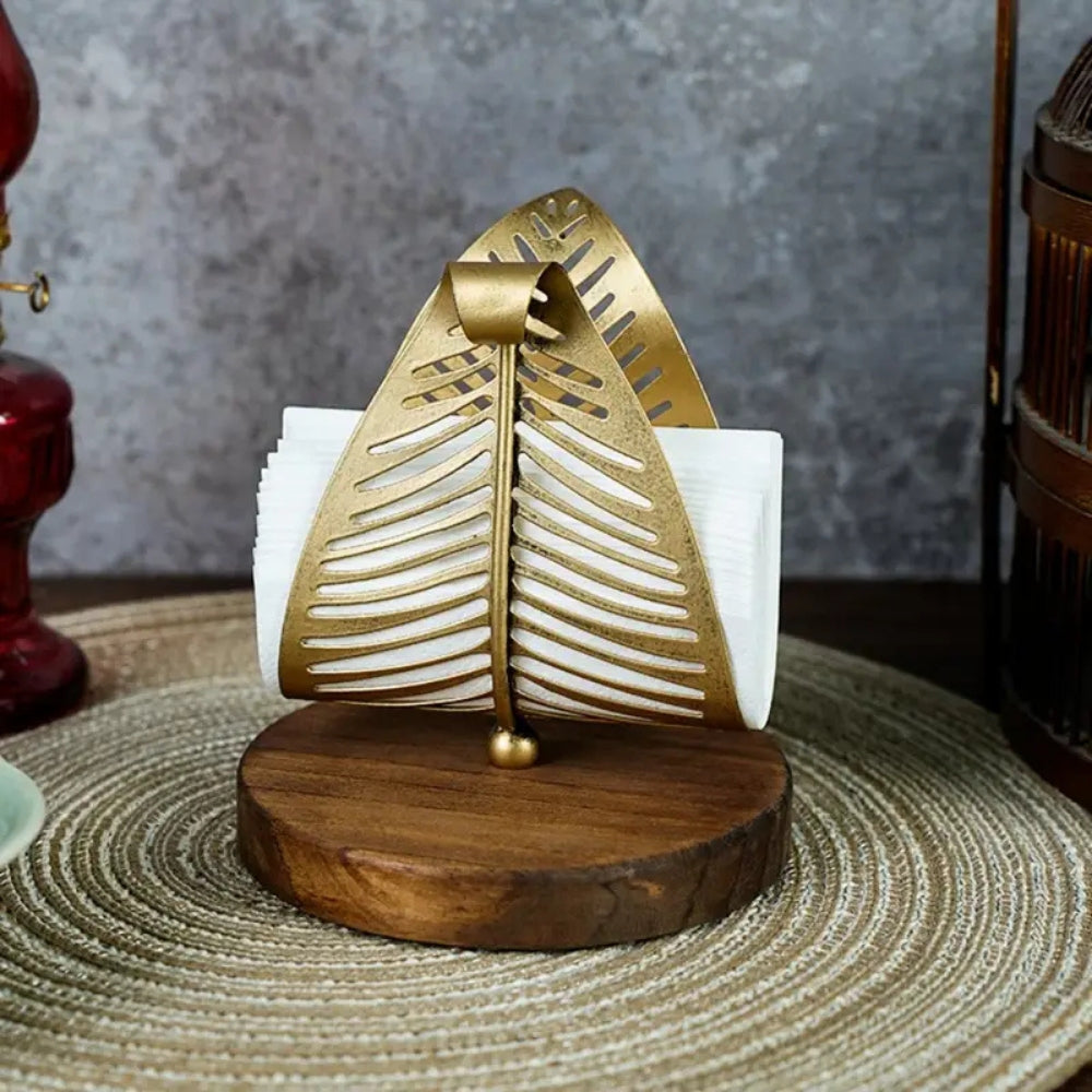 Gold Leaf Napkin Holder with Wooden Base – image 4