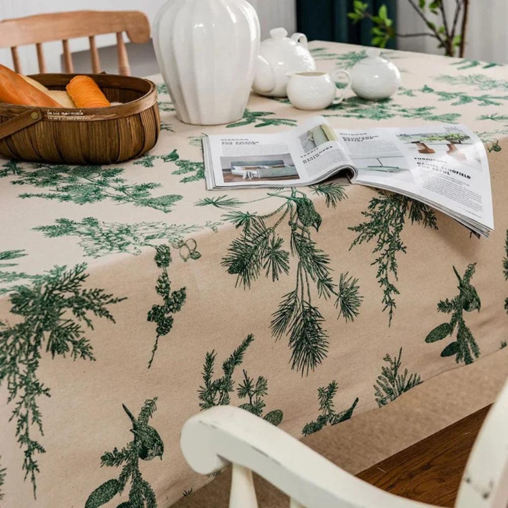 Pine and Bird Cotton Linen Fringe Tablecloth – image 2