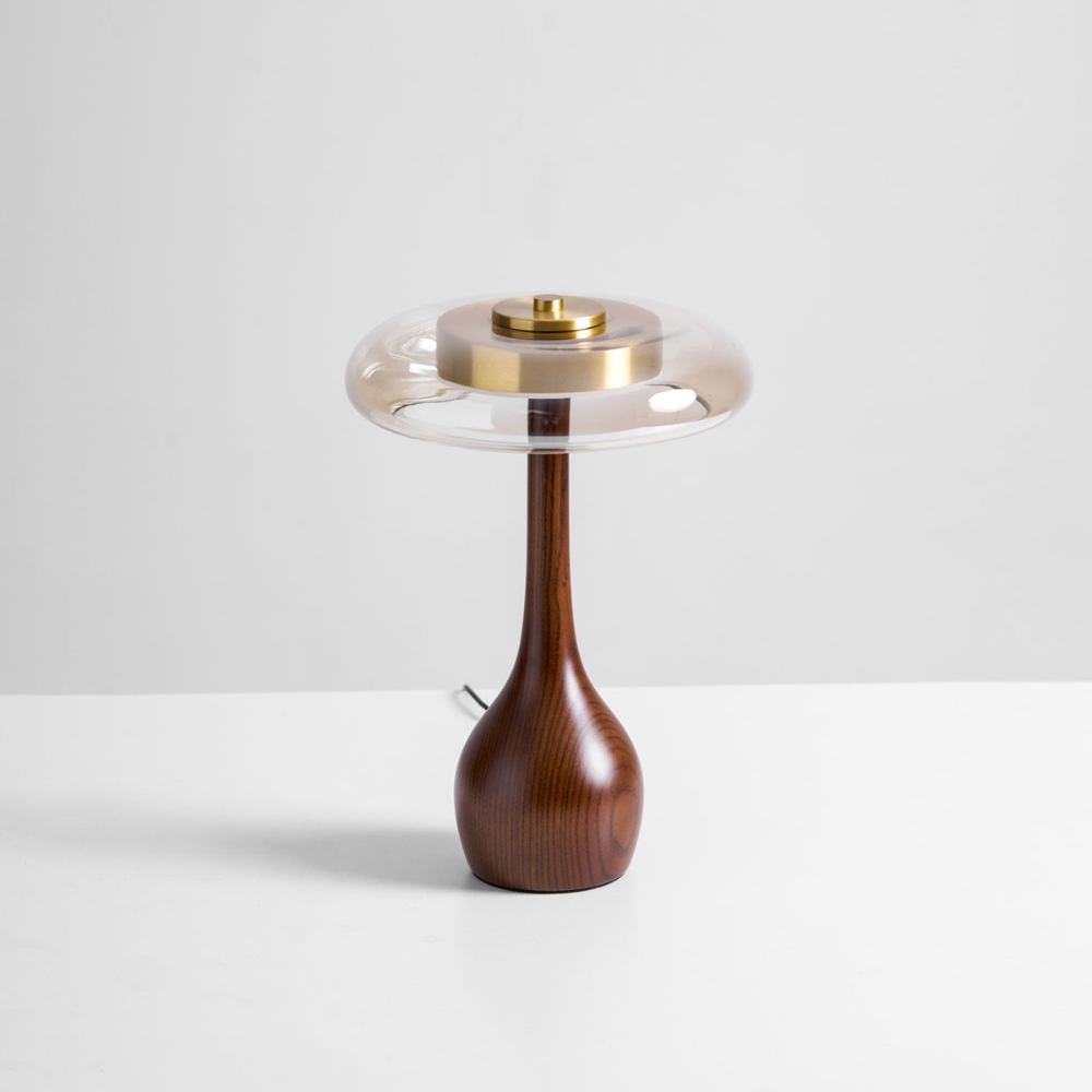 Amber Glass Mushroom Table Lamp with Walnut Base, UK Plug - view 17