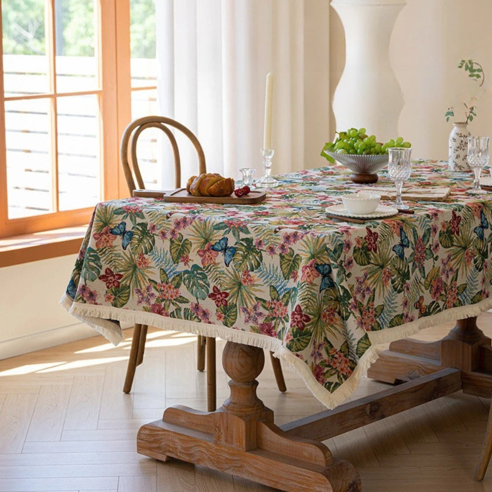 Floral Jacquard Linen Fringe Tablecloth – image 2