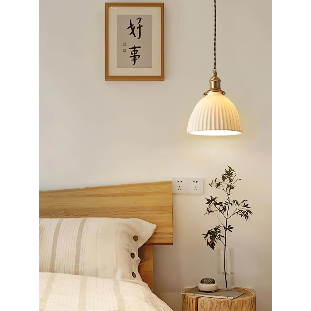 White Ribbed Ceramic Dome Pendant Light - view 17
