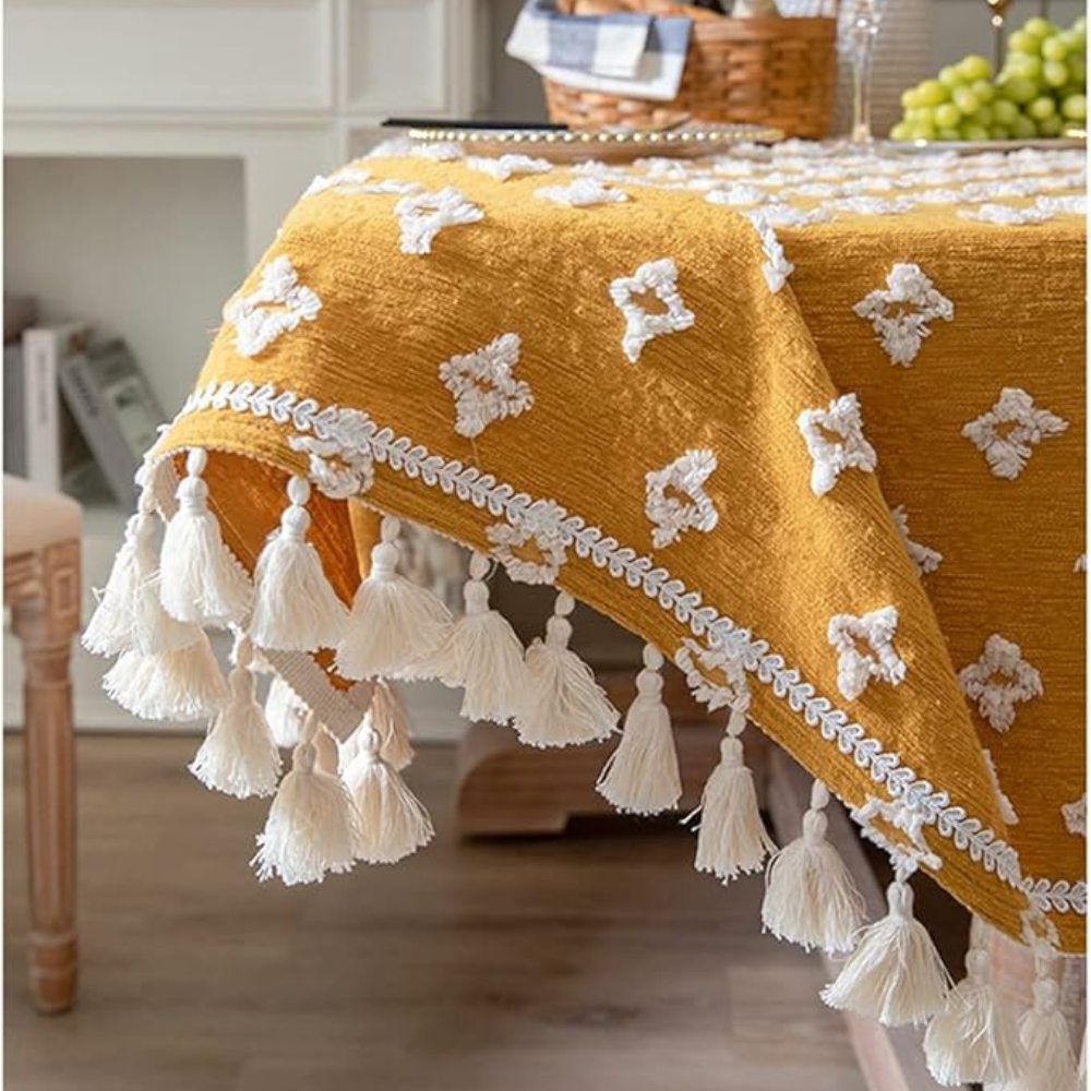 Yellow Embroidered Tassel Tablecloth – image 8